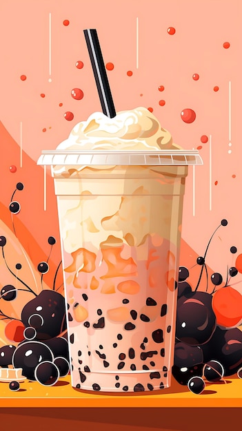 Elegant Chinese Bubble Tea Tapioca Pearls Grass Jelly Pudding Neon C Trending Background Layout