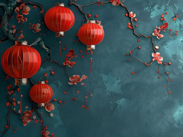 Photo elegant chinese new year banner with red lanterns and vibrant floral decorations on a blue background