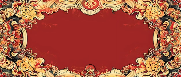 Elegant Chinese New Year Ornate Border Design with Auspicious Symbols and Empty Central Space for Mockup or Background