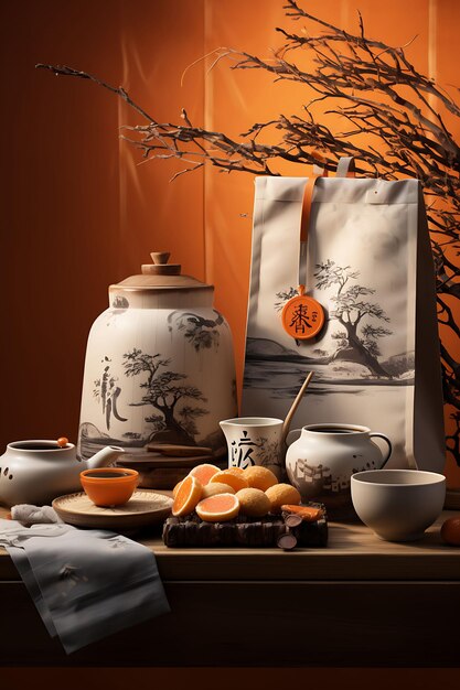 Elegant Chinese Puer Tea Aged Puer Cakes Orange Slices Fortune Cooki Trending Background Layout