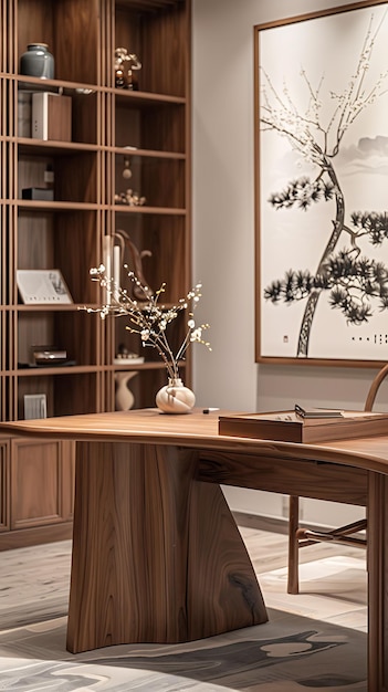 Elegant chinese style furniture Walnut desk and bookcase in cinematic warm lighting