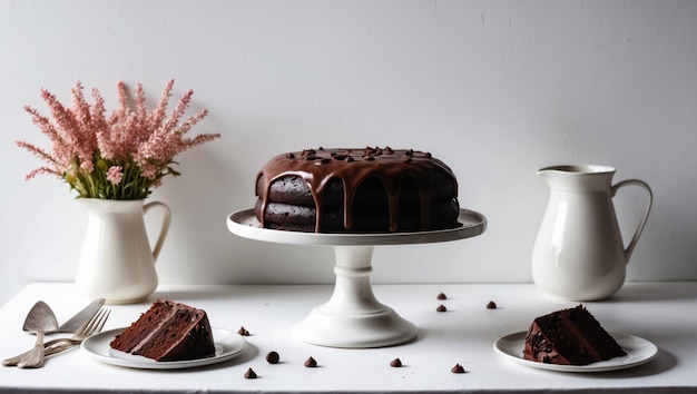 Photo elegant chocolate cake with a slice served perfect for celebrations or gatherings