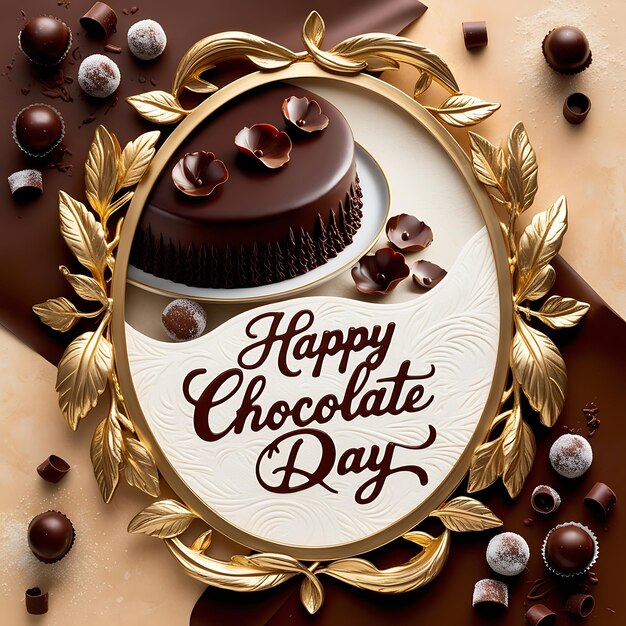 Photo elegant chocolate day greeting on sculpted leaf frame for a luxurious chocolate day celebration