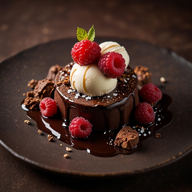 Photo elegant chocolate dessert garnished with fresh raspberries and vanilla ice cream on a dark plate