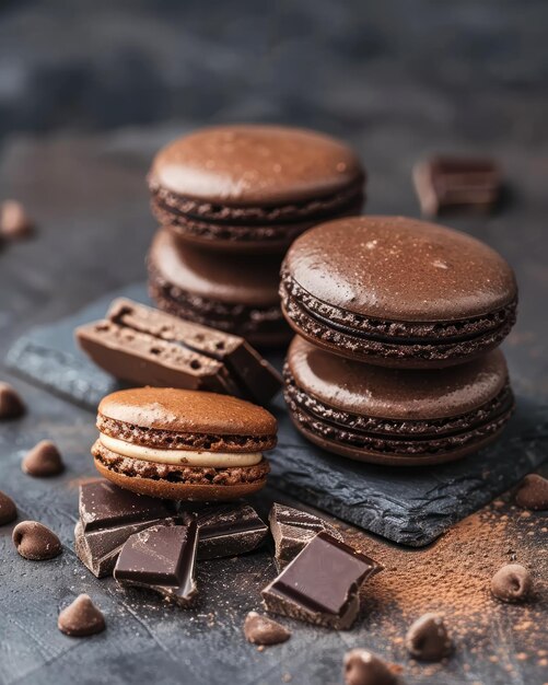 Elegant chocolate macarons paired with dark chocolate pieces artistically presented on a textured slate background