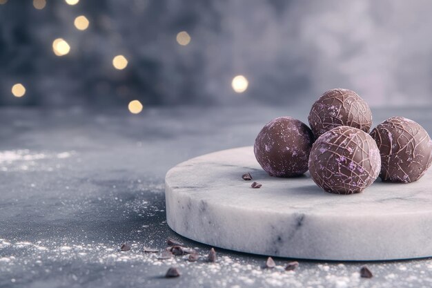 Photo elegant chocolate truffles on a marble platter with festive lights