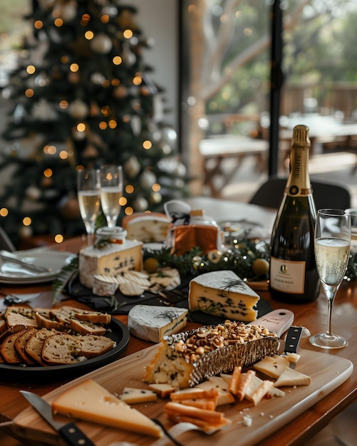 Photo elegant christmas cheese platter with champagne and festive decor