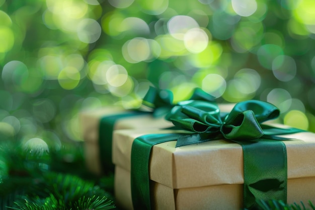 Elegant Christmas Gifts with Green Ribbons and Pine Branches for a Festive Holiday Display