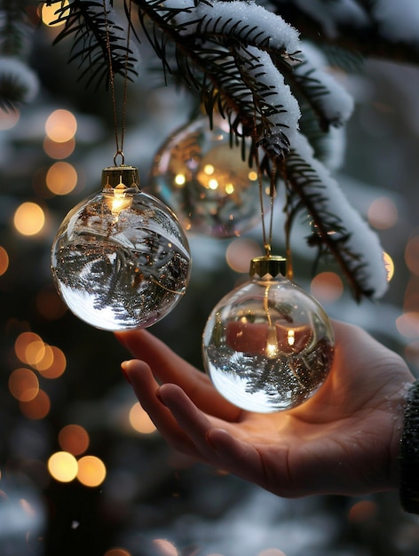 Elegant Christmas Ornaments on Snowy Tree Branch with Warm Holiday Lights