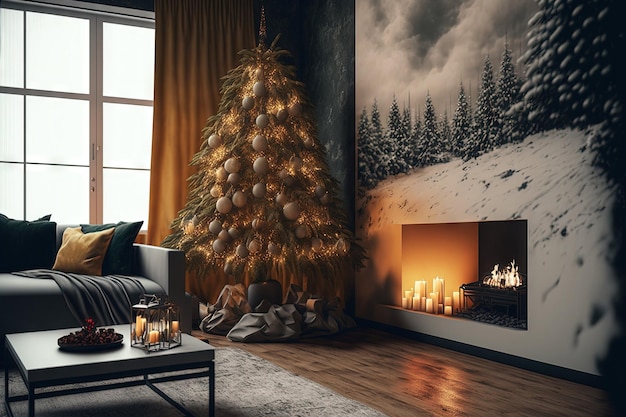 Elegant Christmas tree and fireplace