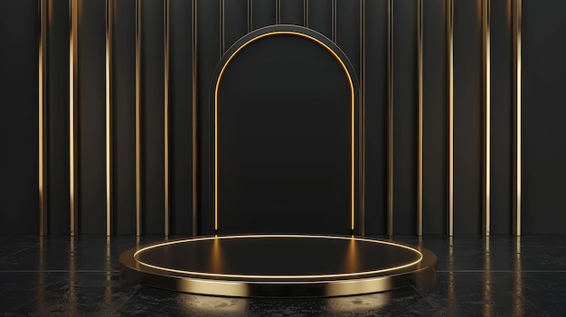 Elegant circular stage with golden arch Modern circular platform with a golden arch against a luxurious curtain backdrop perfect for product display