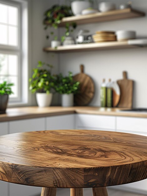 Elegant circular wooden counter in pristine kitchen setting ideal for showcasing products in a banner