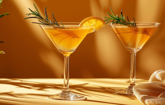 Elegant Citrus Rosemary Cocktail presented in martini glasses against a warm background