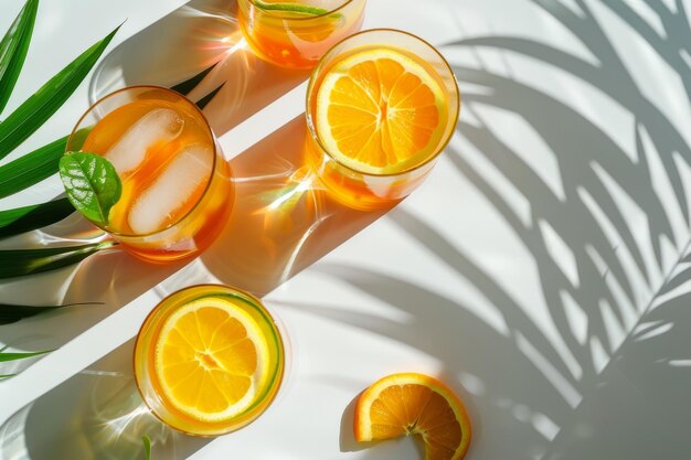 Photo elegant citrusinfused drinks illuminated by sunlight adorned with palm fronds on a pristine white backdrop