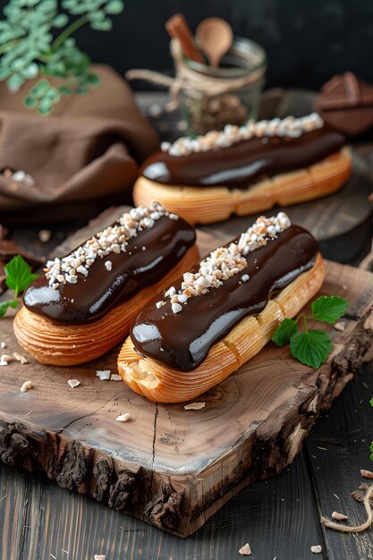 Photo elegant clairs creamy filled pastries with rich chocolate glaze and sophisticated presentation