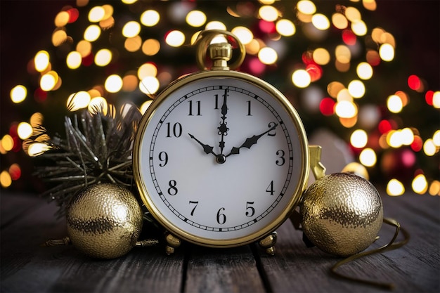 Elegant Clock Face Just Before Midnight with Festive Blurred Lights Background