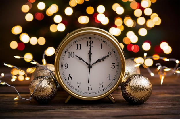 Elegant Clock Face Just Before Midnight with Festive Blurred Lights Background