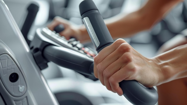 Elegant close up of hands on bright elliptical machine against white backdrop in minimalistic style