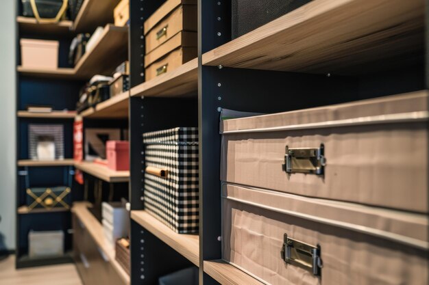 Photo elegant closet design featuring builtin shelving and decorative storage boxes