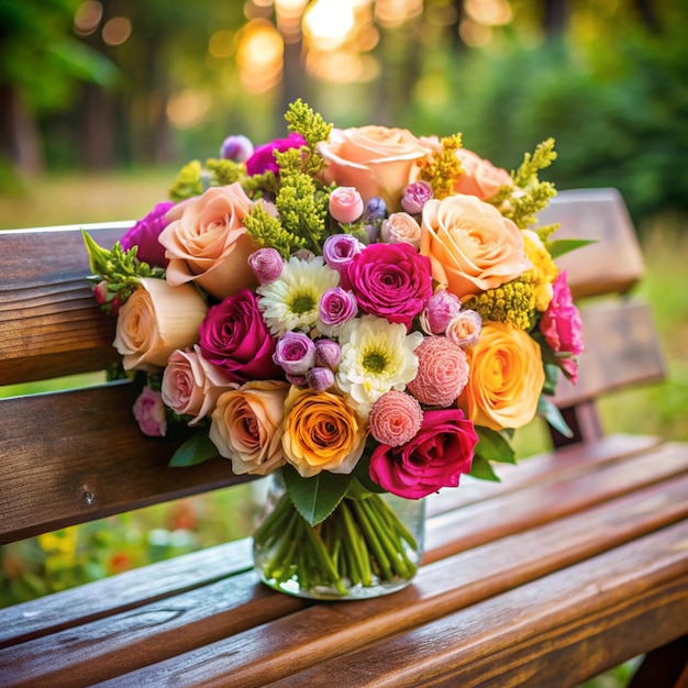 Photo elegant closeup of a beautiful bouquet resting on wooden bench