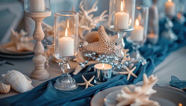 Photo elegant coastal dinner table setting with candles and seashells decorated for evening gathering