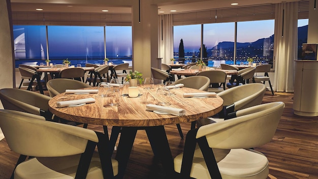 Elegant Coastal Restaurant Interior at Dusk