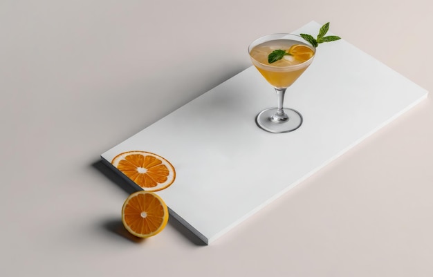 Photo elegant cocktail garnished with fresh mint resting on a modern white surface accompanied by sliced oranges showcasing a perfect blend of sophistication and freshness