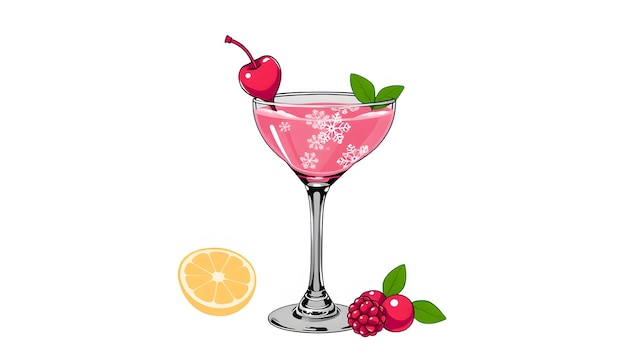 Elegant cocktail glass filled with sweet and tasty pink drink isolated with white highlights