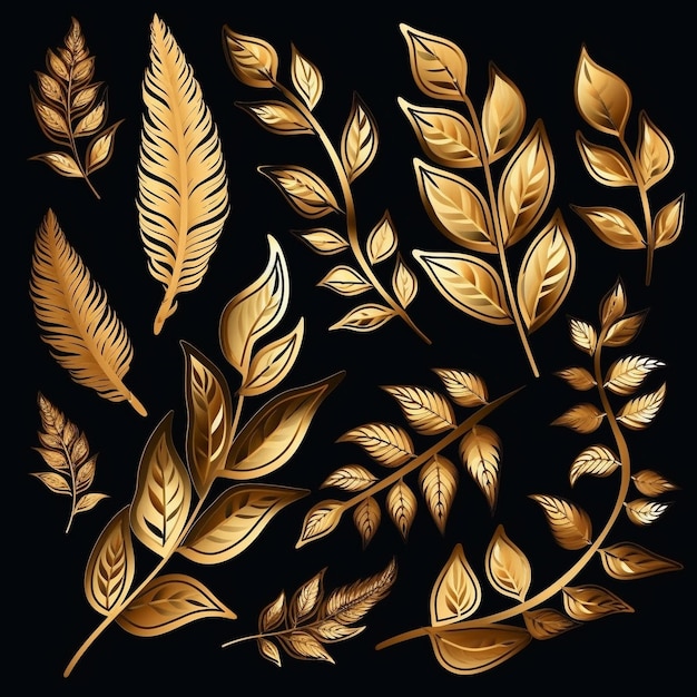 elegant collection of golden leaves for your decoration on dark black background