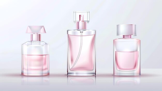 Elegant collection of transparent cosmetic bottles with pink caps on a soft pink background