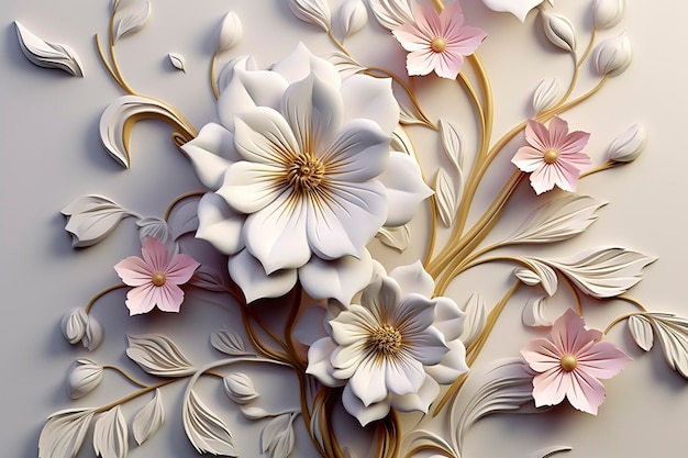 Elegant colorful 3d flowers with leaves on a tree illustration background Generative AI