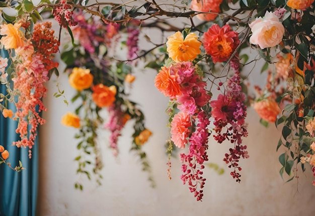 Elegant colorful with vibrant flower hanging a bunch of flowers that are hanging from a ceiling