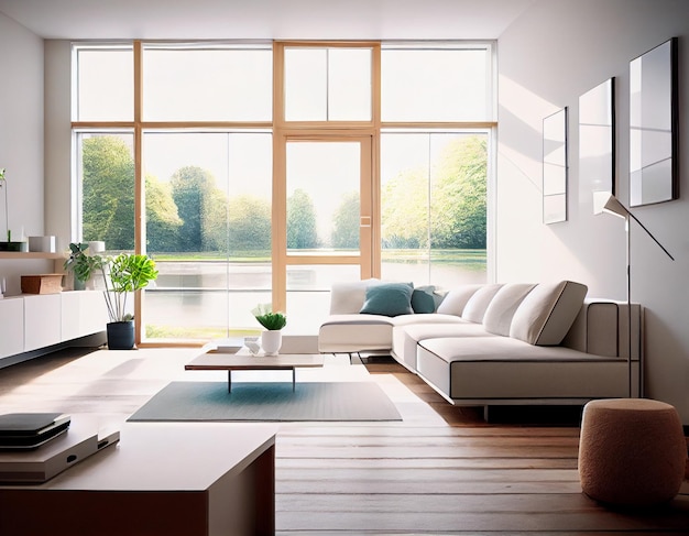 Elegant and comfortable designed living room with big corner sofa wooden floor and big windows AI Generated