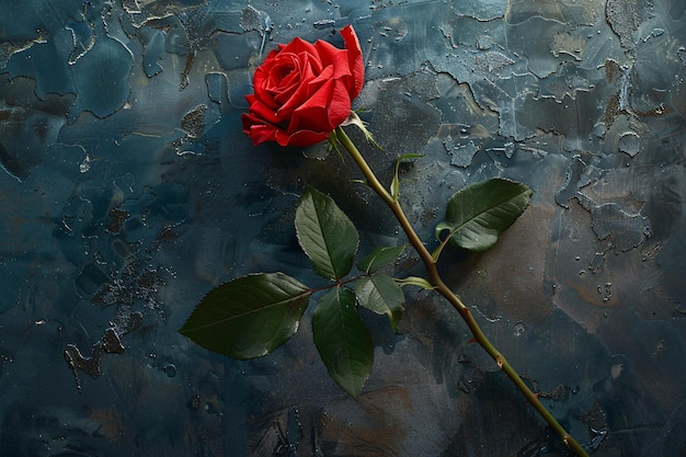 Elegant composition featuring a single red rose with green leaves on a textured blue background