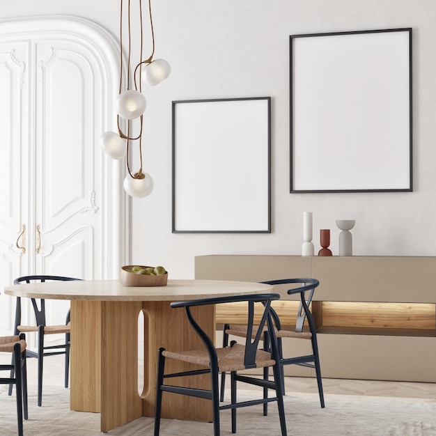 Elegant composition of stylish dining room interior with mock up poster frames, beige sideboard, fam