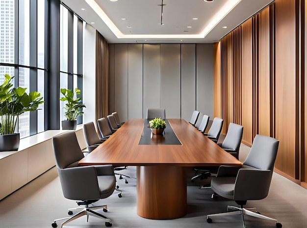 Elegant Conference Room with Wooden Table and Comfortable Chairs