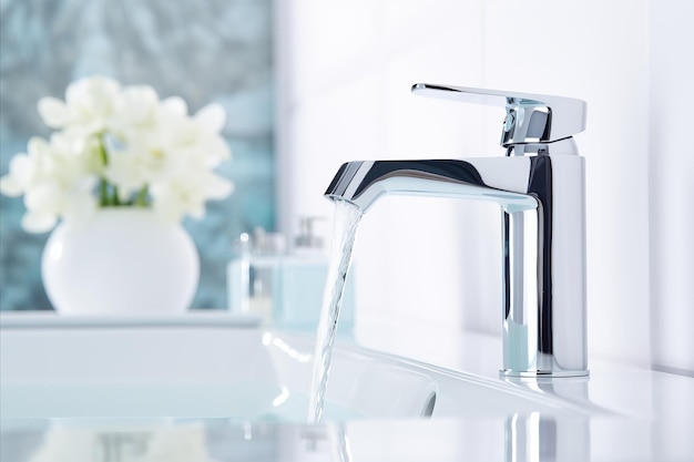 Elegant contemporary bathroom design with sleek water faucet against light backdrop