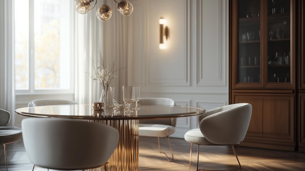 Elegant and Contemporary Dining Room Featuring a Stylish Glass Table for Modern Interiors