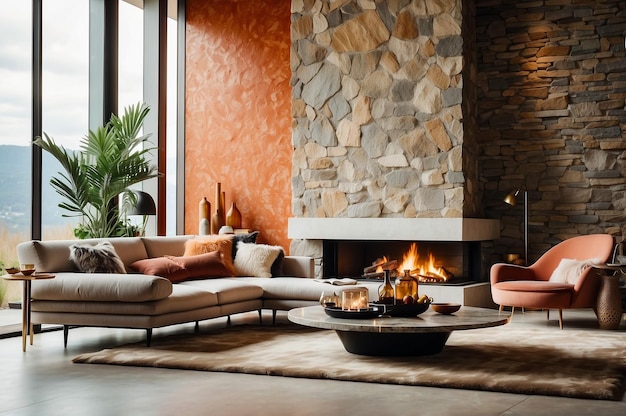 Elegant contemporary living room interior with stone accent wall and fireplace in upscale residence