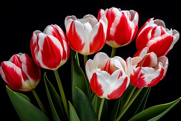 Elegant Contrast Captivating RedWhite Tulips Blossom on Enigmatic Black Canvas