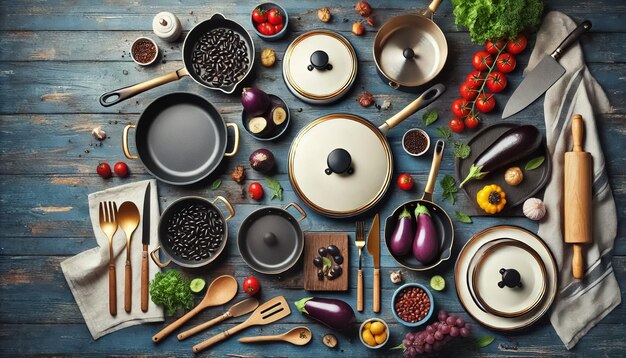 Photo elegant cookware on rustic blue wooden table with fresh ingredients