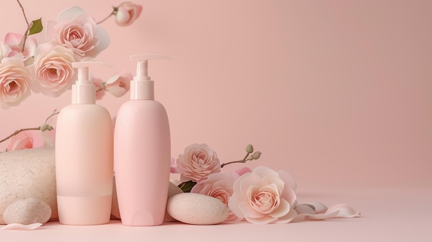 elegant cosmetic bottles surrounded by soft pink floral arrangements on a pastel background