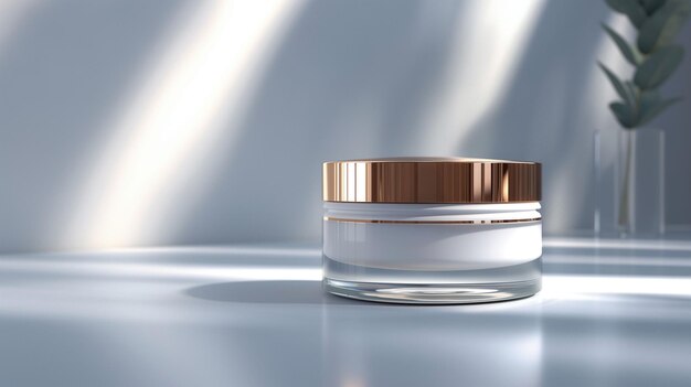 Elegant cosmetic cream jar with gold lid on reflective surface soft sunlight and minimalist decor skincare product concept