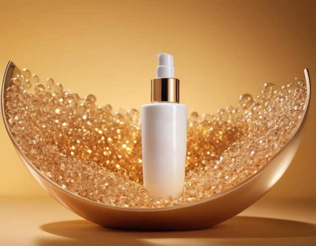 elegant cosmetic dispenser in a bowl filled with bubbles on amber background spa cosmetics mockup