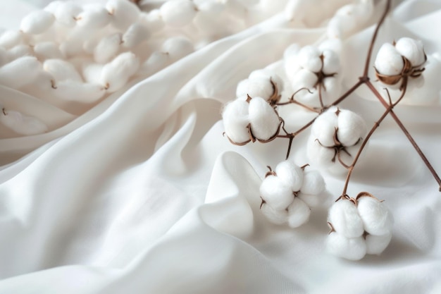 Elegant Cotton Bolls on White Fabric background