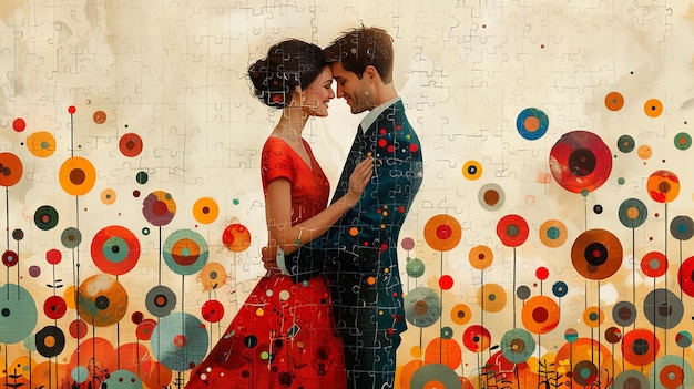 Elegant Couple Dancing Amid Colorful Abstract Flowers