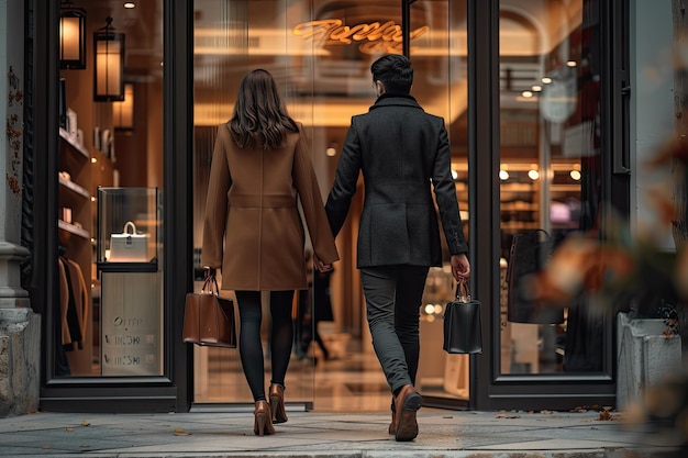 Photo elegant couple hand in hand out of a store