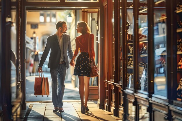 Photo elegant couple hand in hand out of a store