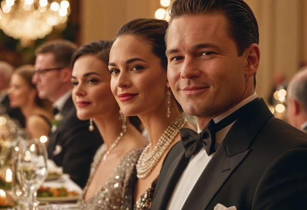 An elegant couple with a formal attire smiling at a glamorous gala event