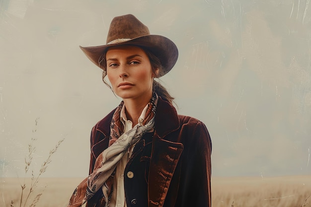 Photo elegant cowgirl in velvet jacket posing against prairie backdrop